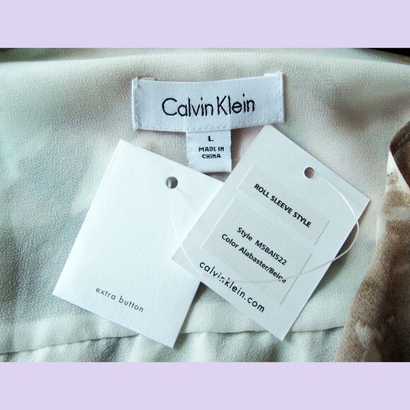 Calvin Klein NEW Abstract Chiffon Semi-Sheer Ruffle Roll-Up Sleeve Blouse L - Picture 5 of 11